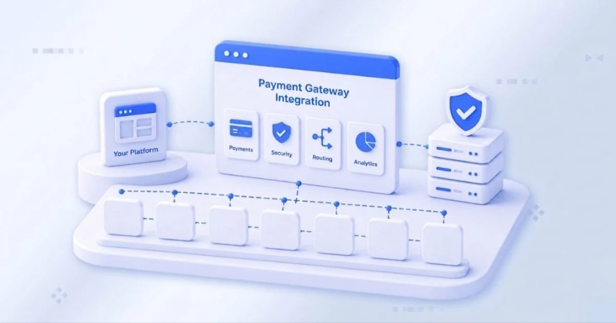 Isometric diagram of a payment gateway integration layer connecting a platform to payments, security, routing and analytics modules