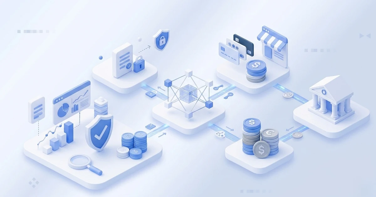 Isometric illustration of an analytics dashboard, security shield, blockchain core, merchant storefront and bank exchanging payments