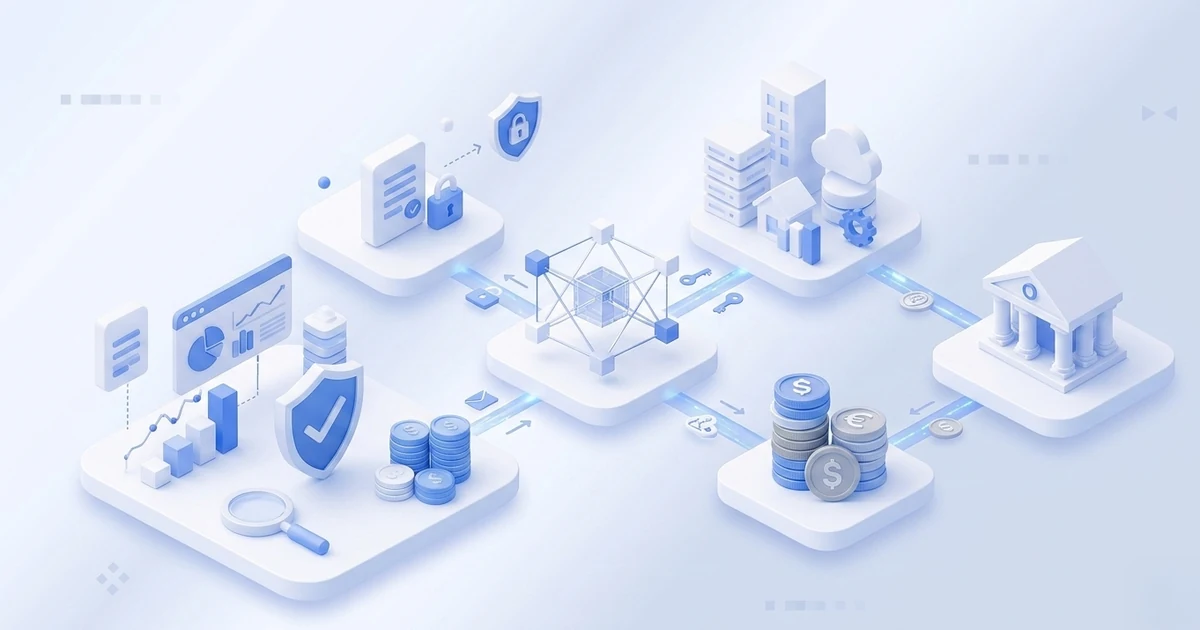 Isometric illustration of a blockchain core linked to stacks of coins, an analytics dashboard, cloud servers and a bank