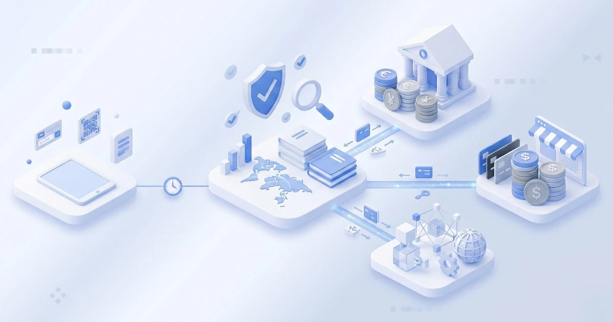 Isometric illustration of a tablet, world map with data reports, a bank with multi-currency coins and connected merchant systems