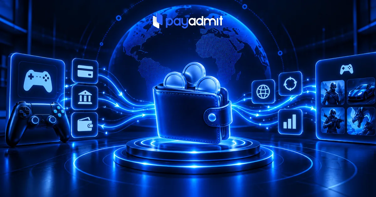 Dark blue 3D scene of a glowing wallet on a lit podium, card, bank and wallet icons streaming along light trails toward a game controller and a wall of game art