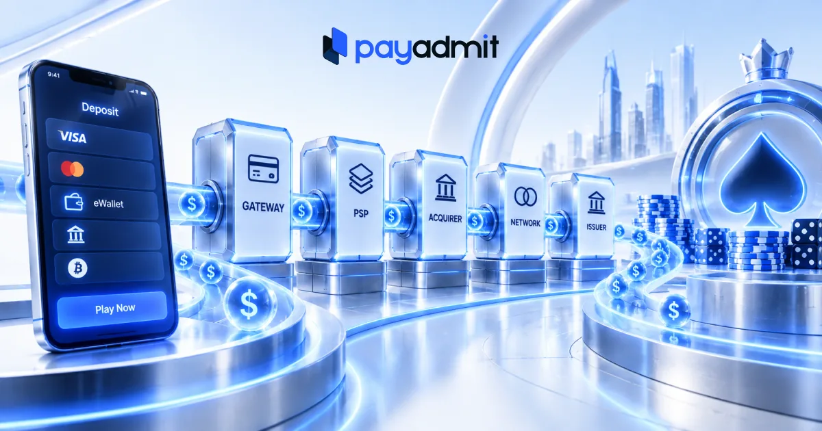 Bright 3D scene of a phone deposit screen feeding a chain of glass blocks marked gateway, PSP, acquirer, network and issuer, ending at stacked casino chips