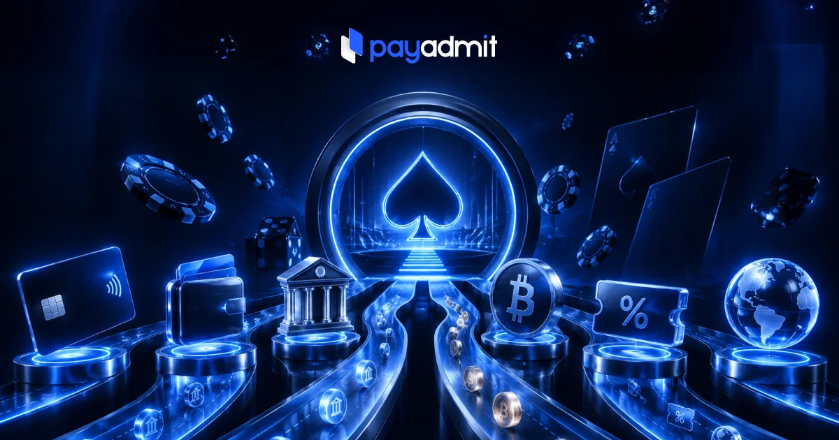 Dark 3D scene of glowing lanes carrying coins from a card, wallet, bank and bitcoin toward a neon spade portal, casino chips floating around it