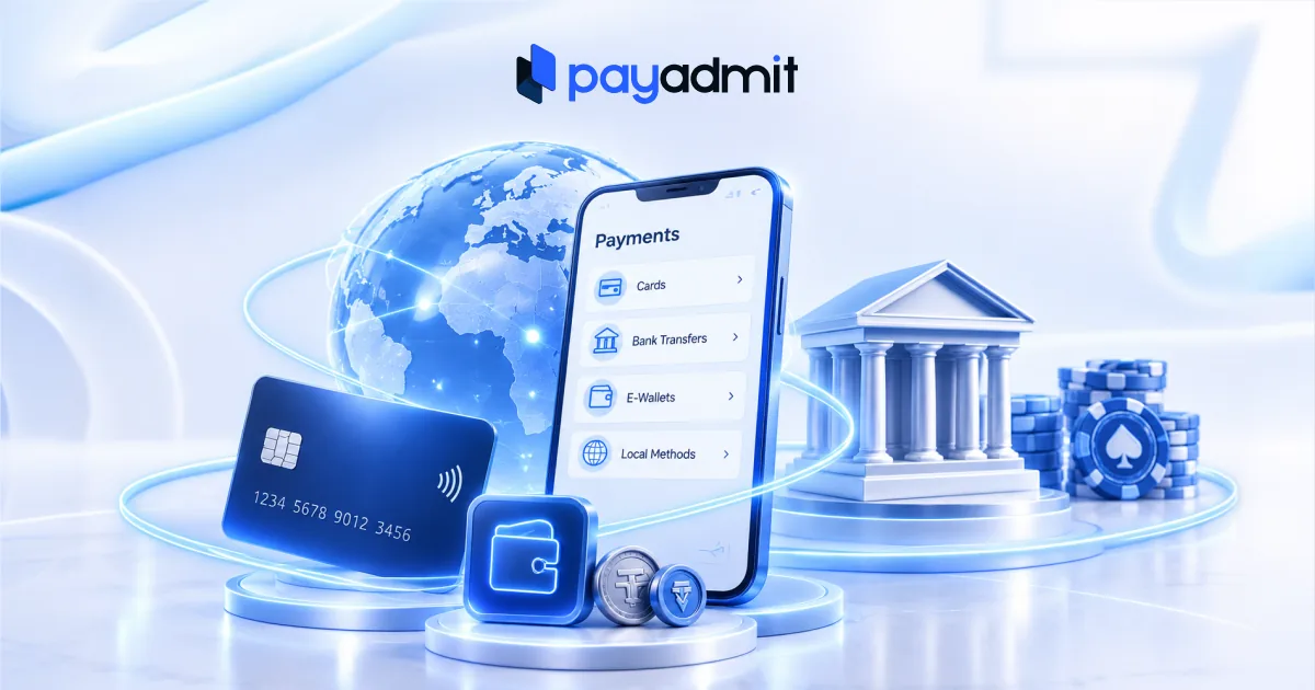 Bright 3D scene of a phone listing cards, bank transfers, e-wallets and local methods beside a globe, a bank building, a dark blue card and stacked chips