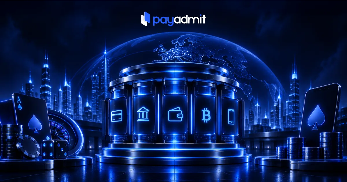Dark night skyline behind a lit rotunda whose glass panels carry card, bank, wallet, bitcoin and mobile icons, with cards, chips and a roulette wheel in front