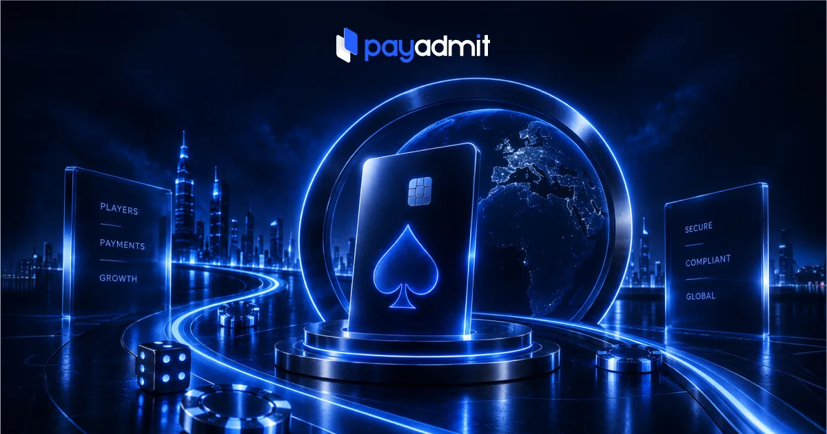 Dark 3D scene of a black card marked with a spade on a lit podium before a glowing globe, flanked by two translucent panels and neon roadways
