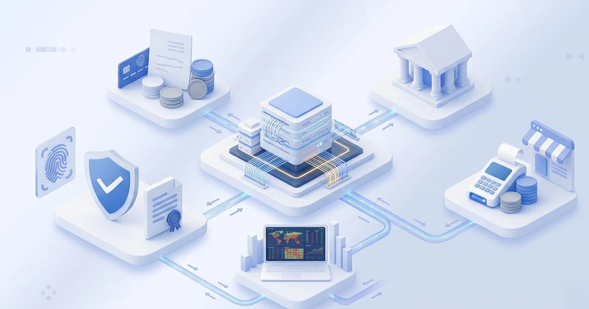 Isometric illustration of a central server hub connected to a bank, card terminal, merchant storefront and security shield