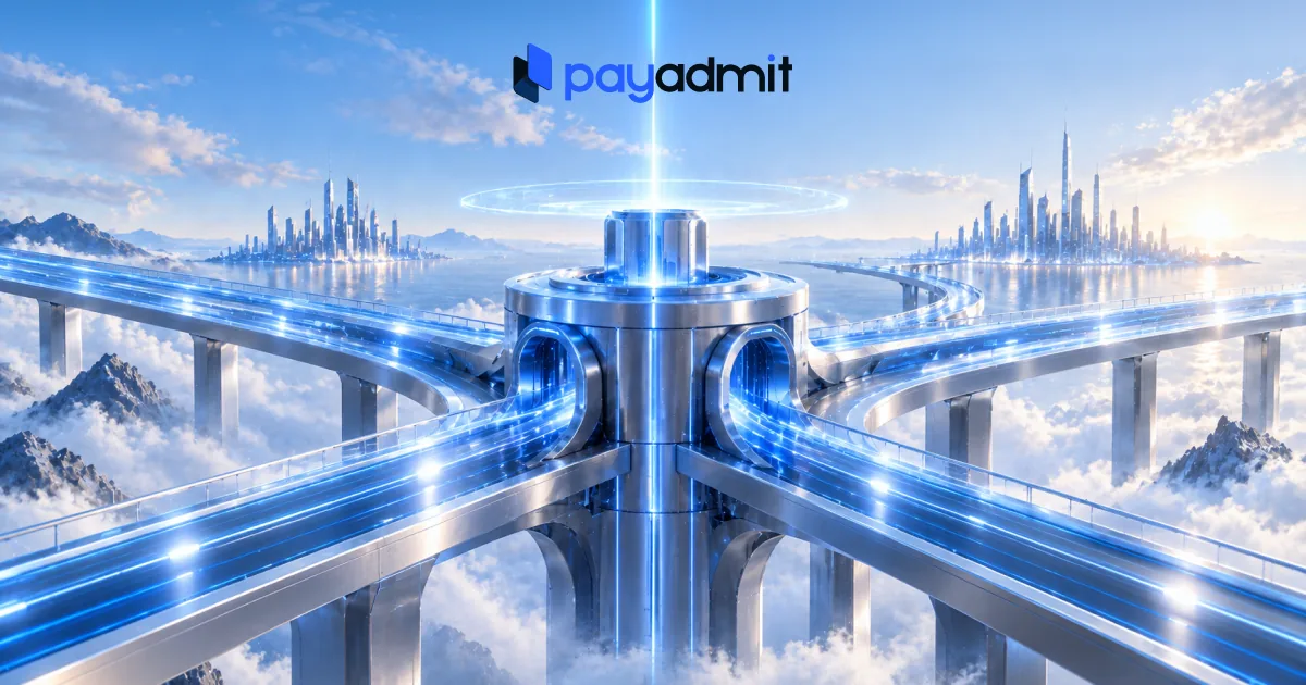Bright cloudscape where glowing highways converge on a polished silver hub set between two distant skylines