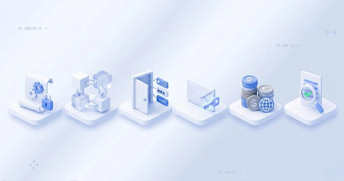 Isometric row of six launch steps: licence document, blockchain links, opening door, key, currency coins and a verified document