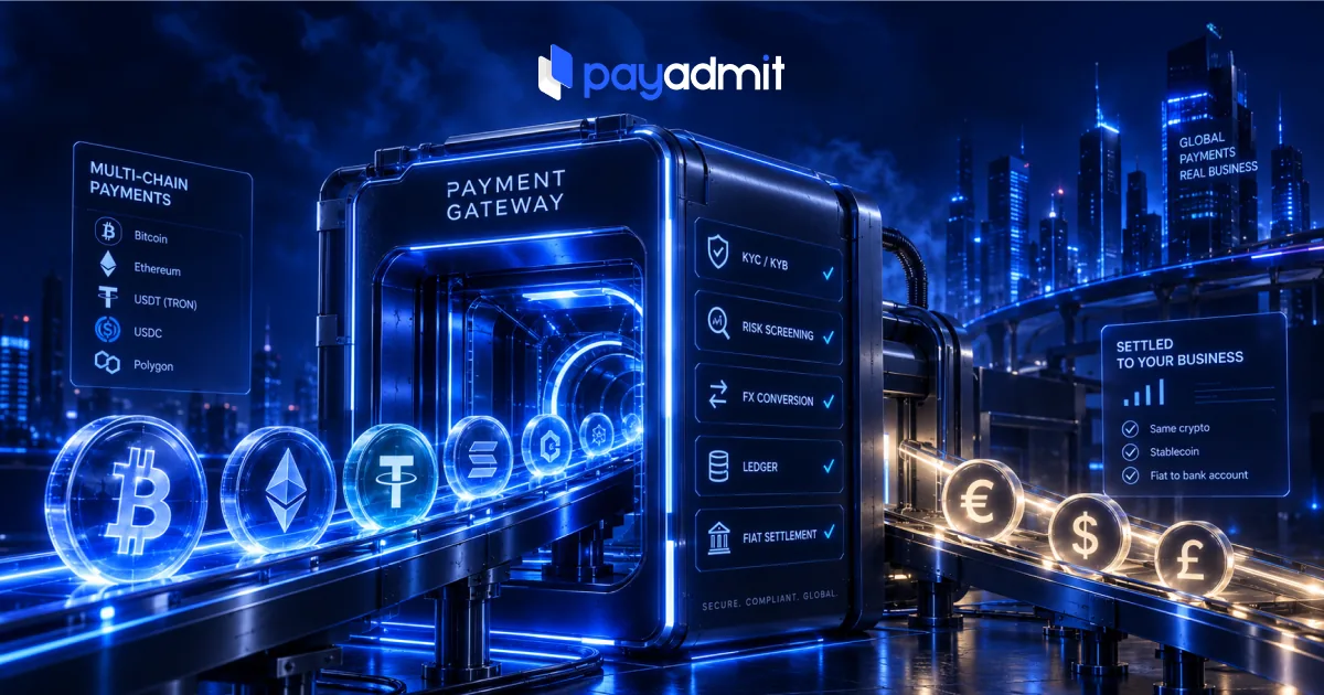 Dark scene of crypto coins riding a conveyor into a payment gateway vault, leaving as euro, dollar and pound coins past risk, FX and settlement panels